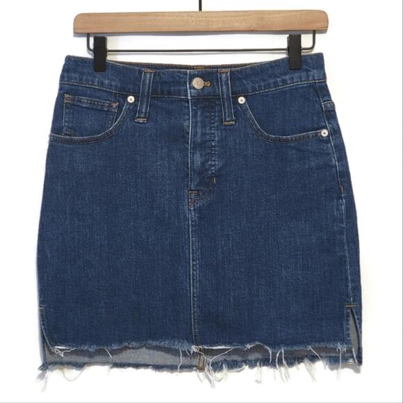 Madewell Blue Denim Mini Skirt Raw Hem Stretch Casual Everyday Outfit Size 26 - Picture 2 of 12